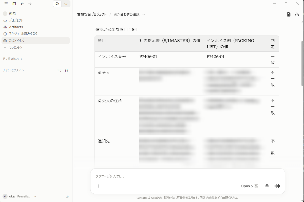突き合わせの結果。確認が必要な項目の件数と、4列の表が出ている